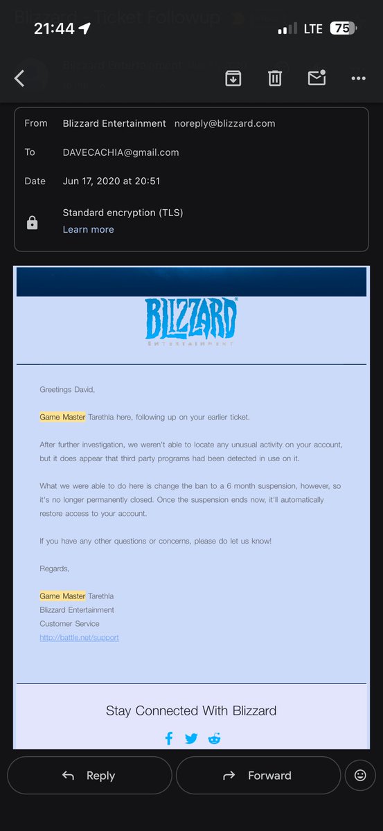 davecachia's tweet photo. @BlizzardCS I played WoW classic in 2020 and my account was banned - the GM decided they would downgrade it to a suspension but they never actually changed it. Can you help? https://t.co/W9VzDyAfus