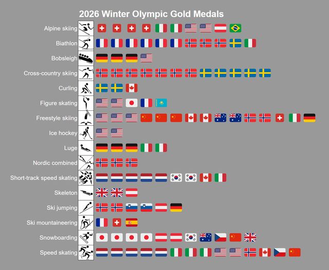 I love this visualisation as it shows which nations dominated which categories at the 2026 Winter Olympics. We see Gold Medals only. The Norwegians dominate cross country skiing, the Dutch are fast on skates, the Germans love a slippery slope, the French boss the biathlon.