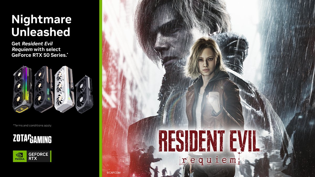 ZOTAC's tweet image. Get Resident Evil Requiem with a qualifying new purchase of select GeForce RTX 50 series.

Learn more - tinyurl.com/5448fm7z
#RTXon #GeForce #ZOTACGAMING #REREQUIEM #Residentevil