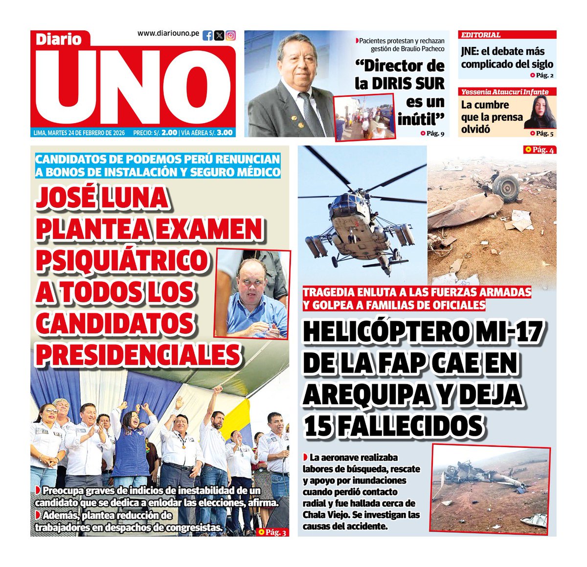 🗞️ Compartimos con ustedes la portada de Diario UNO del martes 24 de febrero de 2026
