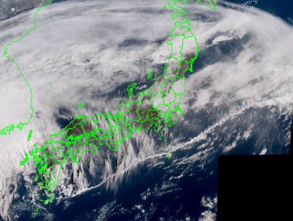 本日09時の気象衛星画像。 本州の南海上に、細いヒモのような雲が見