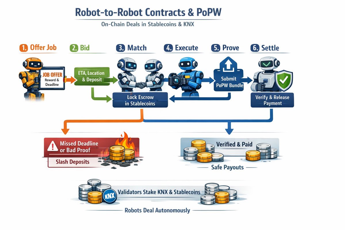 Robot-to-Robot Contracts enable robots to make clear, on-chain agreements using stablecoins for escrow and settlement, while KNX covers network fees and governance.

Each job packet defines who does what, when it must be done, how much is paid in stablecoins and the safety