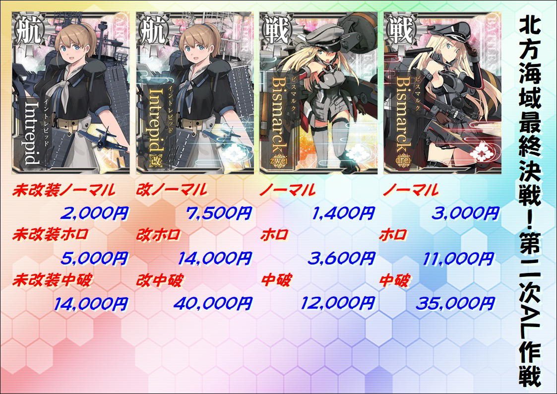 艦これアーケード 2/24 イベント艦の買取価格となります。 ビスマルク