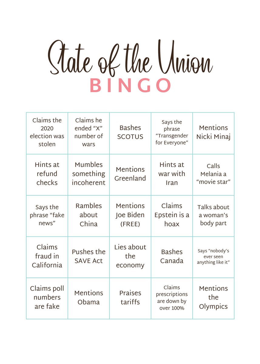 <a href="/GuntherEagleman/">Gunther Eagleman™</a> For those of you watching the “State Of the Union”, here’s a BINGO card to play along.