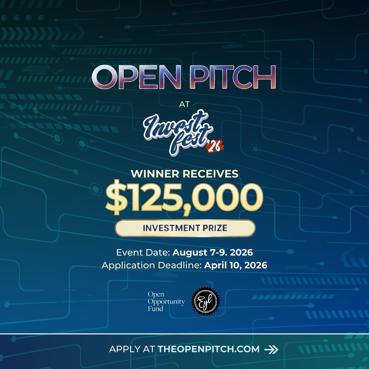 TheOpenPitch's tweet photo. Open Pitch is back at Invest Fest 2026, and we’re looking for the builders shaping what’s next in AI and agentic!

Artificial intelligence is rewriting the rules across every industry, from finance to healthcare, cybersecurity to marketing, logistics to education. If you’re building an AI-native or agentic company, this is your moment to step into the spotlight.

5 finalists. 1 winner. $125,000 investment prize.

🗓 Apply by April 10, 11:59 PM ET
📍 Live at Invest Fest (Atlanta) | August 7-9, 2026
🎤 Presented by @EarnYourLeisure  + @OpportunityFund 

#OpenPitch #InvestFest2026 #AI #ArtificialIntelligence #Agentic #StartupCompetition #TechFounders #VentureCapital #Innovation #OpenOpportunityFund #EarnYourLeisure