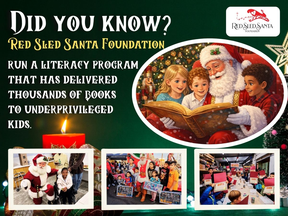 Did You Know? The Red Sled Santa Foundation runs a meaningful literacy program that has delivered thousands of books to underprivileged children. 
Creating brighter futures one book at a time.#RedSledSanta #LiteracyMatters #BooksForKids #HolidayMagic #GivingBack #ChildEducation