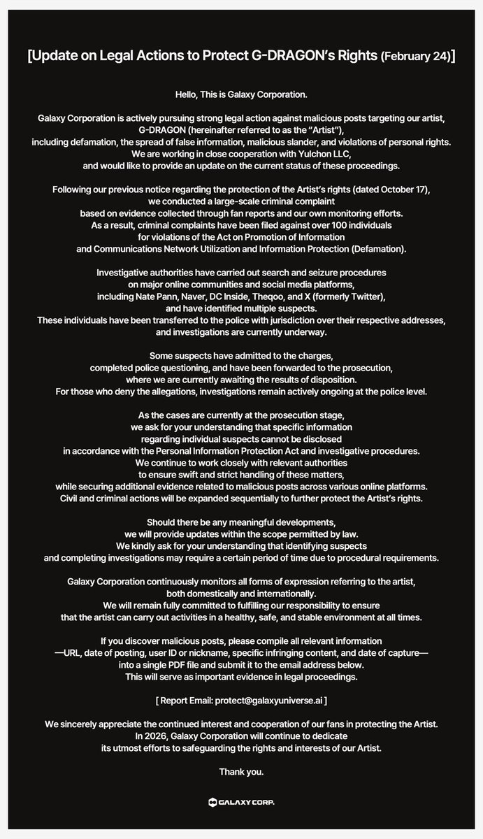 G-Dragon is taking legal action against over 100 malicious commenters, with some already facing charges and being sent to prosecutors as part of ongoing efforts to protect his reputation and rights!