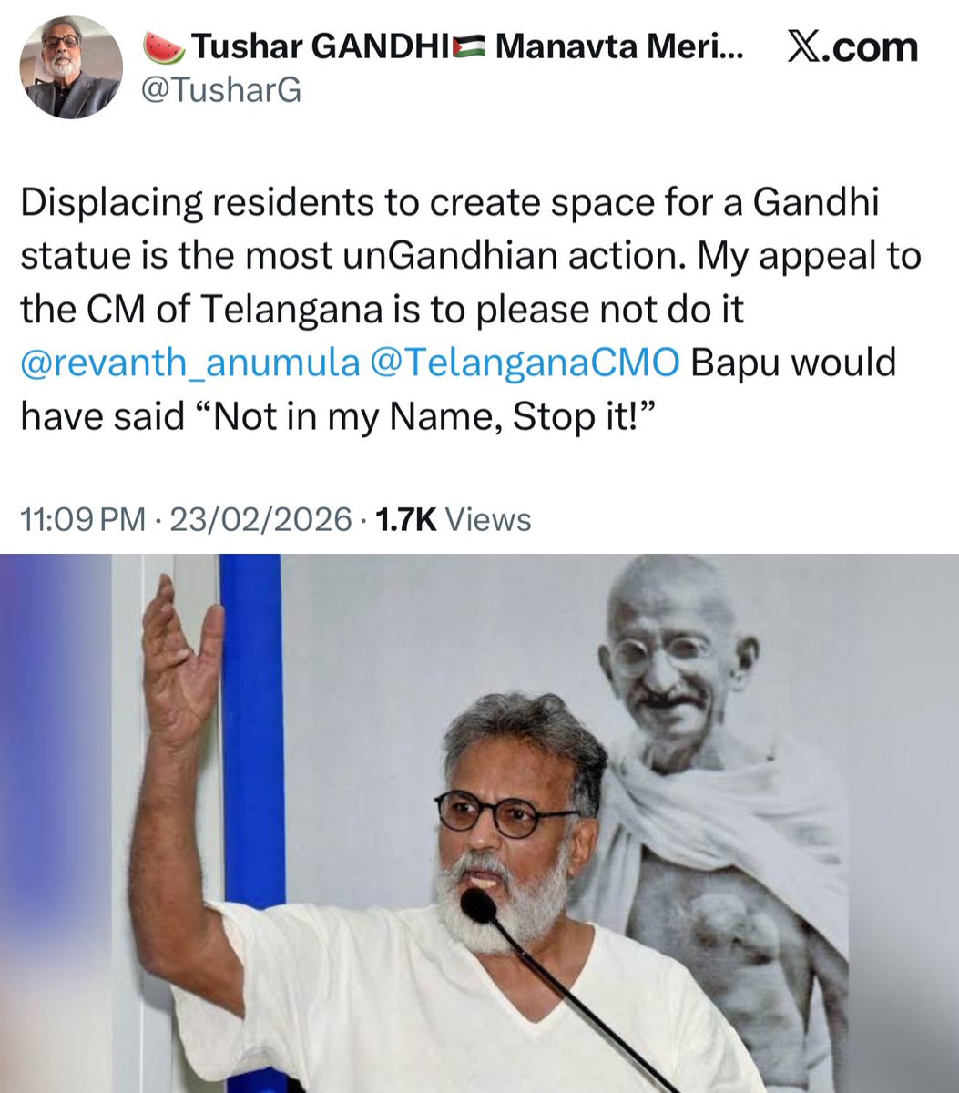 TeluguScribe's tweet photo. బ్రేకింగ్ న్యూస్

మూసీ నది ఒడ్డున గాంధీ విగ్రహ ఏర్పాటును వ్యతిరేకించిన గాంధీ మునిమనవడు తుషార్ గాంధీ 

గాంధీ విగ్రహం కోసం ఇళ్లను కూల్చేసి ప్రజలను ఇబ్బందులు పెట్టడం గాంధీ గారి సిద్ధాంతాలకు వ్యతిరేకం

గాంధీ గారు బ్రతికి ఉన్నా "నా పేరుతో ఇలాంటి పనులు వద్దని చెప్పేవారు"

దయచేసి ఇలాంటి పనులు చేయొద్దని తెలంగాణ సీఎం రేవంత్ రెడ్డిని కోరిన గాంధీ మునిమనవడు తుషార్ గాంధీ