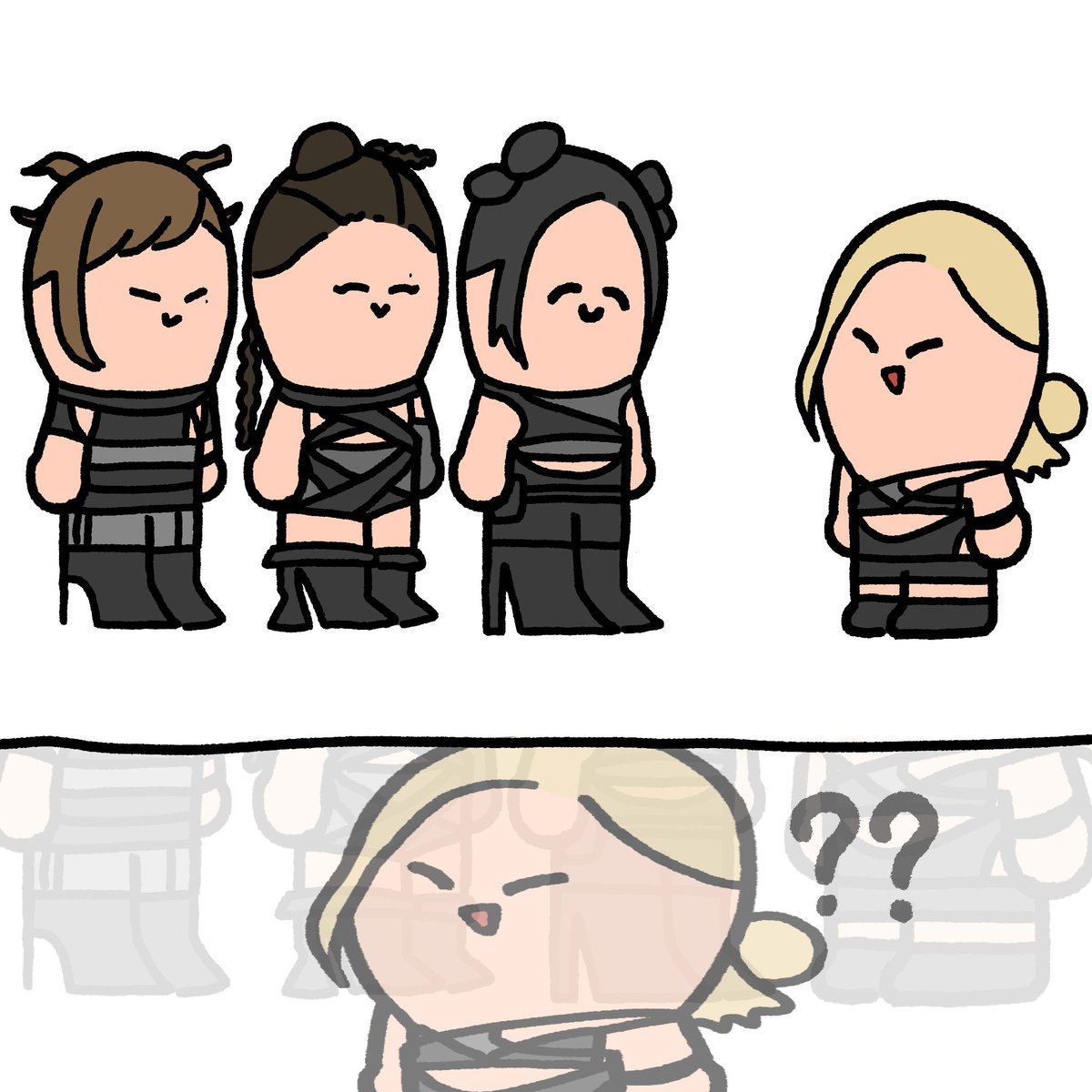 🐤　　  🐻　　  🐰
🦵🦵　🦵🦵　🦵🦵　　　🐿️
👠👠　👠👠　👠👠　　  🦵🦵