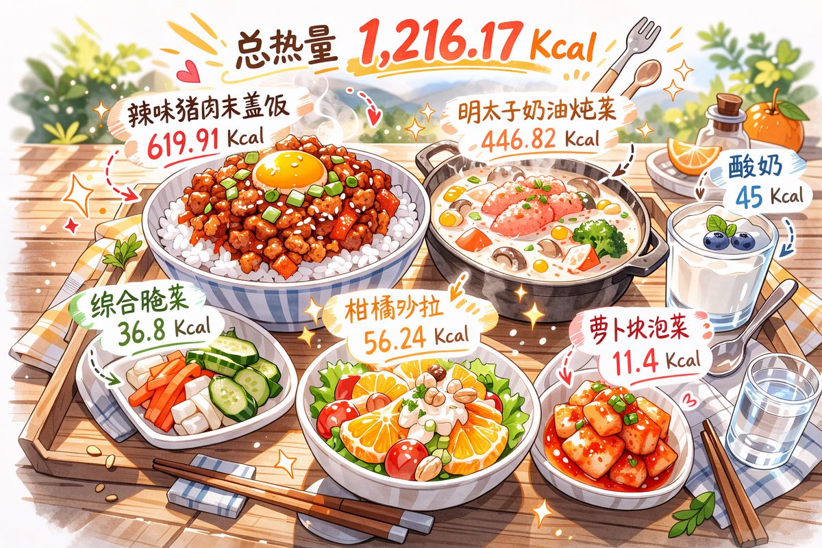 兔兔的萌萌食光🐰✨

🍛 午餐

🍚 辣味猪肉末盖饭 619.91 Kcal
🥘 明太子奶油炖菜 446.82 Kcal
🥤 酸奶 45 Kcal
🥒 综合腌菜 36.8 Kcal
🍊 柑橘沙拉 56.24 Kcal
🥬 萝卜块泡菜 11.4 Kcal

总热量 1,216.17 Kcal

#토토의몽몽식시간 
#DOYOUNG #도영