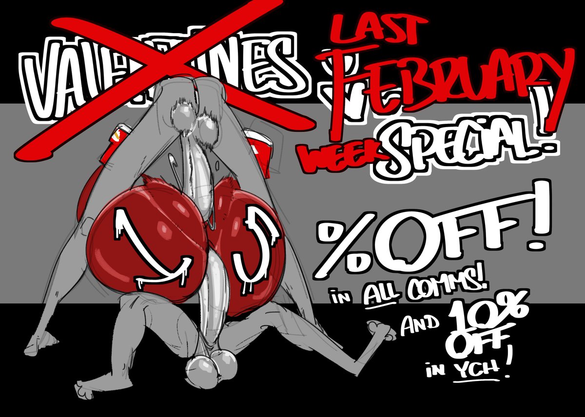 Hello!, I'm opening 12 limited slots with 15% discount on all regular comms and 10% discount on all YCH, I'm late with february's Valentine due some personal issues and delayed work, I figured it would be a good time to open comms back again!, please DM me if interested, ty!

-D