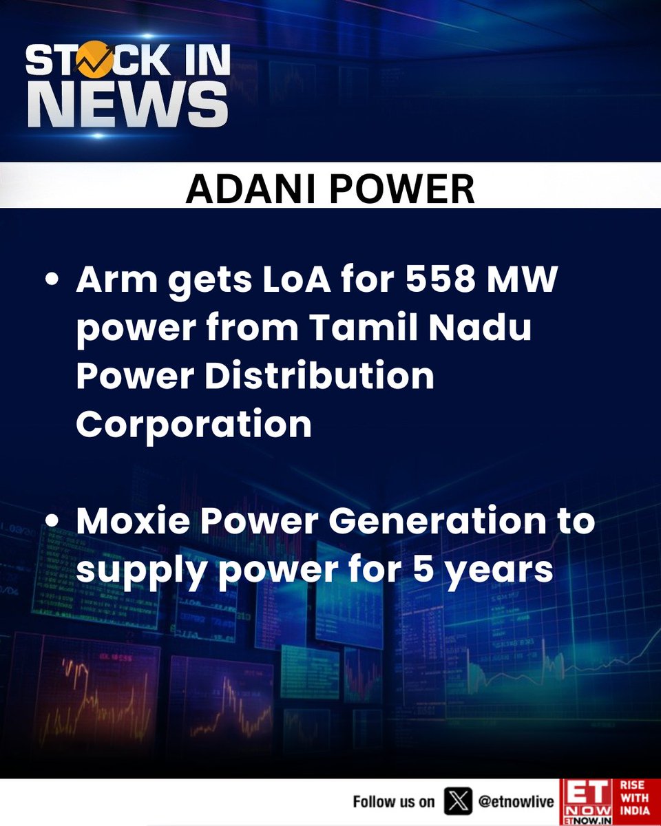 ETNOWlive's tweet image. #StocksInNews | Adani Power arm gets LoA for 558 MW power from Tamil Nadu Power Distribution Corporation

#ADANIPOWER #StockMarket