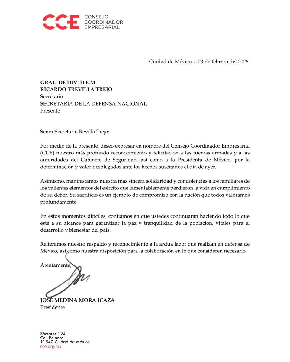 El Consejo Coordinador Empresarial reconoce a la Presidenta de México, <a href="/Claudiashein/">Claudia Sheinbaum Pardo</a>, a la Guardia Nacional (<a href="/GN_MEXICO_/">Guardia Nacional</a>), a la Secretaría de la Defensa Nacional (<a href="/Defensamx1/">@Defensamx</a>) y al Gabinete de Seguridad por su determinación y compromiso en la defensa de la paz y el Estado de