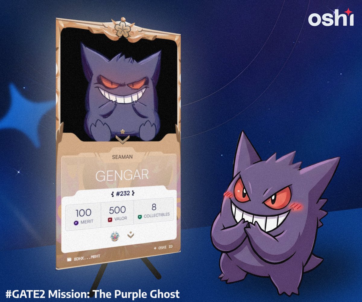 GengarSH's tweet photo. showing my #OshiID for the #GATE2 missions in the Tides of Conflict campaign from @oshikatsu_co.
for the task itself, i chose gengar. i didn't invent anything, i've been running around everywhere with this nickname and avatar for a ton of time, so the choice was completely without options.
if we talk about the reasons i've always liked him precisely for his character. in the @Pokemon universe, there are a bunch of pretentious legendaries that save the universe, or cloyingly sweet little animals. and gengar stands out against their background by being just a classic troll.
he is not some global villain, he just gets a kick out of scaring people for a laugh, hiding in the shadows and cracking up at other people's reactions.
in a certain sense, he has even become iconic.
plus, he has this signature wide grin that speaks for itself. as someone in oshi said: "he constantly trolls don't believe him", lol.
and this is really the most accurate description of gengar. he wins you over precisely with his lack of seriousness and the fact that he turns any situation into a joke.
in short, i chose him because he is just a maximally fun character. just a purple ghost who is always having fun. for me, this is pure base.