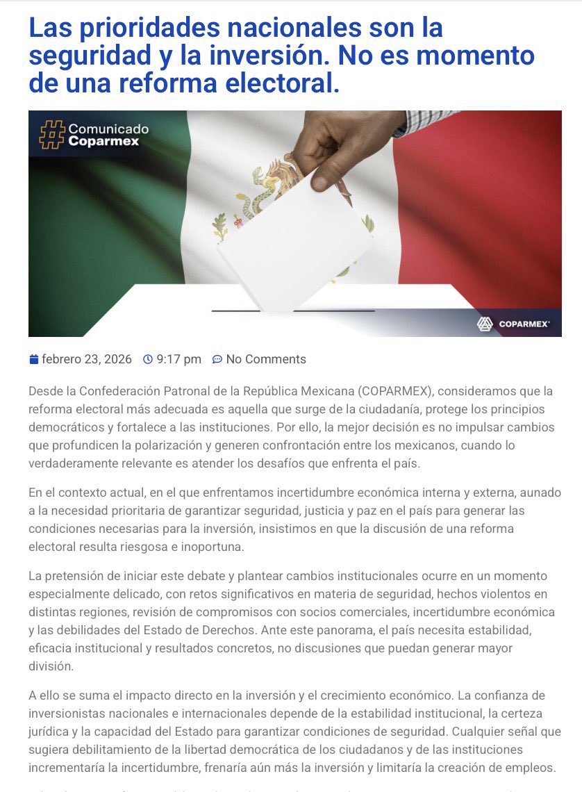 COPARMEX: NO ES MOMENTO DE REFORMA ELECTORAL

La Coparmex afirmó que las prioridades nacionales deben ser la seguridad y la inversión, no una reforma electoral. Señaló que abrir ese debate ahora podría aumentar la polarización y la incertidumbre económica, afectando la confianza