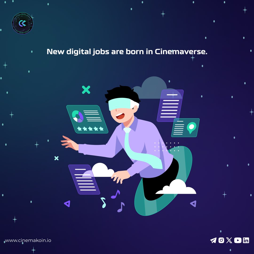 Creators, designers, managers, hosts.

The future of work is virtual.

#CinemaKoin #CryptoDaily #crypto #Bitcoin #Blockchain #BTC #cryptocurrency #ethereum #nfts #ck #cswap #cinemarketplace #CryptoCommunity #CryptoNews #Metavers #DreamWorld