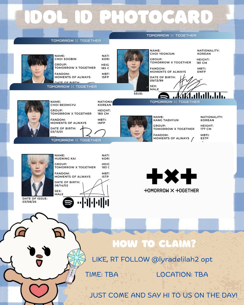 lyradelilah2's tweet photo. TXT Dunkin' Wonders 5:54
fan support by: @lyradelilah2
╰┈➤ Idol ID Photocard!

🍀. like, rt, follow
🍀 1:1 only (limited qty)
🍀 trades &amp; choose mem (DM me)
🍀 Random mem only
🍀 Follow me for time &amp; loc updates

come and say hi on the day to get your free idol ID photocard! https://t.co/bvPENvX9NP