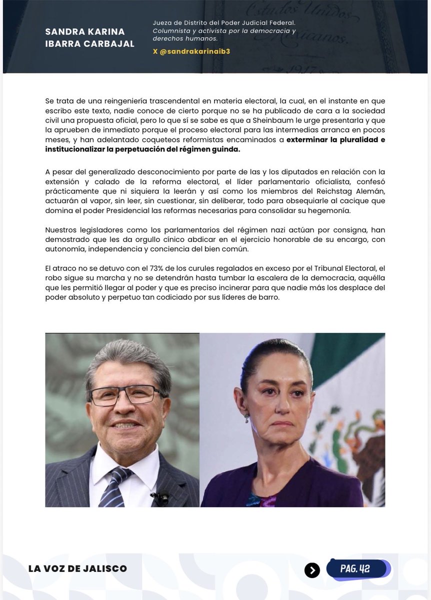 Ya salió mi columna: “Leyes relámpago del obradorato”
📍Cuando todos y todas estamos conmocionados por los narco bloqueos y las graves consecuencias de un operativo previamente calculado por la Presidencia, casual, dos días después del día “D” (mañana martes) presentarán la