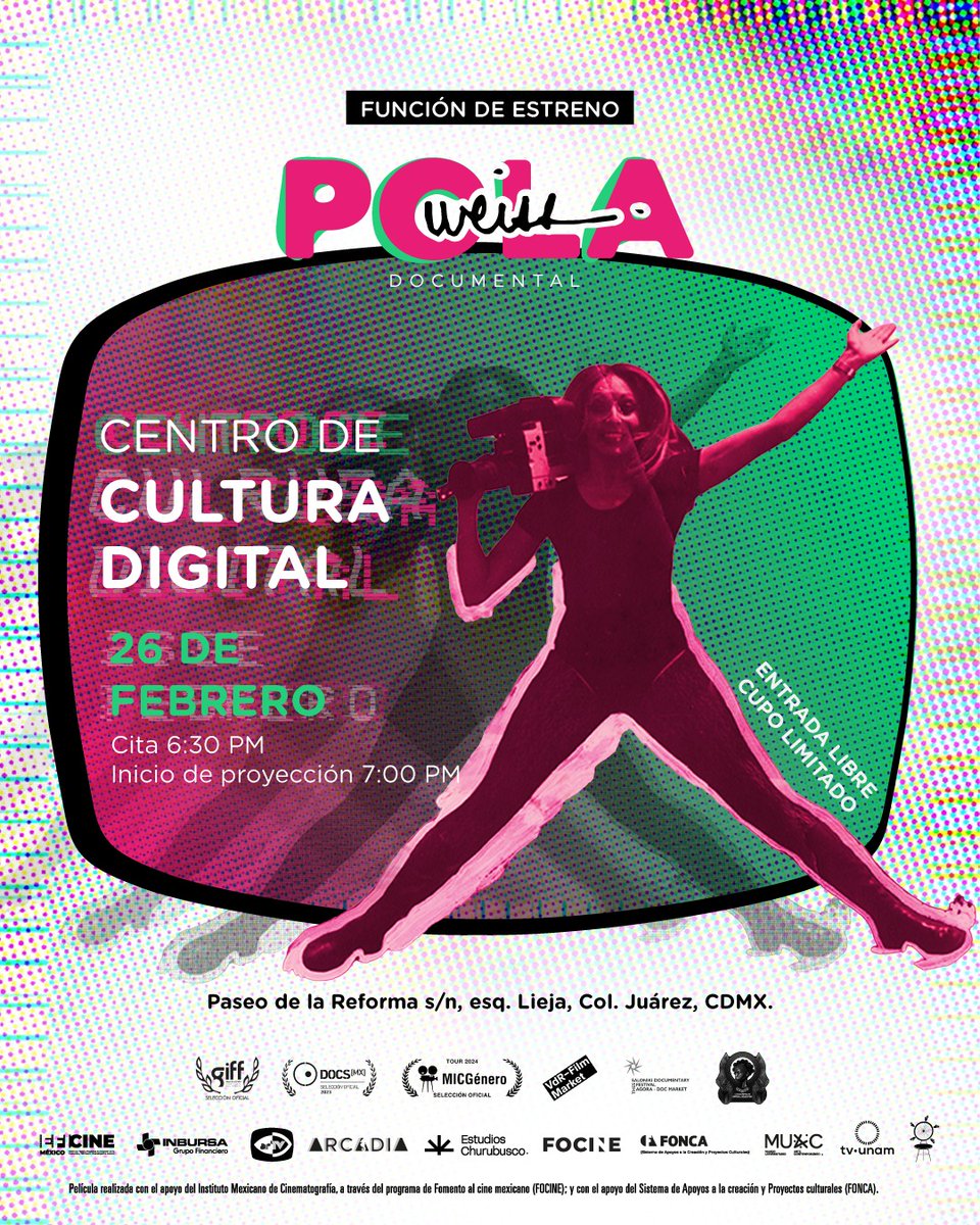 Amistades: 

Tenemos Premiere del documental de POLA WEISS

Pionera de videoarte, visionaria, feminista.

26 Feb - 18:30 hrs <a href="/CCDmx/">Centro de Cultura Digital</a> 

Para medios confirmación en dm
Registro pal público docs.google.com/forms/d/e/1FAI…