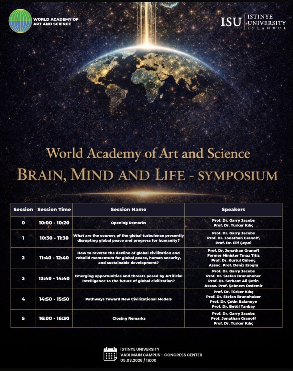 5 Mart Perşembe
Dünya Bilim Sanat Akademisi ve İstinye Üniversitesinin Beyin-Zihin-Yaşam Sempozyumu: 
“Nasıl Daha İyi Bir Yaşam Kurabiliriz?”

Program çıktı👇

Çeviri var ve ücretsiz