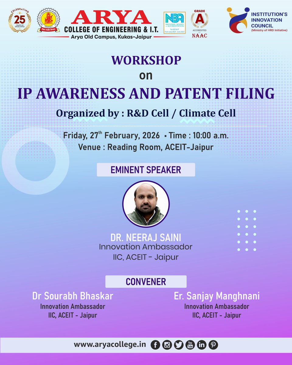 aryacolleges's tweet photo. #ACEIT is organizing Workshop on #IPAwareness & #PatentFiling to guide students & faculty on protecting innovative ideas & transforming them into valuable intellectual property. Gain expert insights from Dr. Neeraj Saini & learn complete process of patent filing & IP protection. https://t.co/iAtw7Ev35I