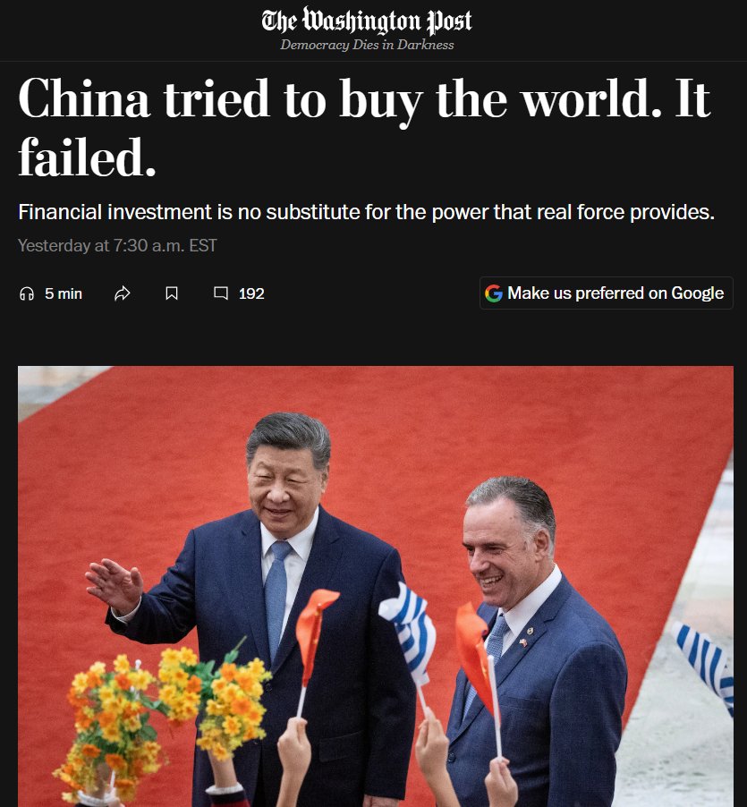 Compute_King's tweet photo. 中国曾试图“买下世界”，但失败了。
金融投资无法替代真正武力所提供的力量。

China Tried to Buy the World. It Failed.
Financial investment is no substitute for the power that real force provides.

这是冷了有人送抱枕是吗？如果道理讲不通，那么贫道还略懂一些拳脚，Matthew Lynn这哥们瞎说什么大实话？

过去二十年里，中国投入了巨额资金，试图掌控全球关键原材料和基础设施。某种程度上，它是在试图“买下一个帝国”。但过去几周里，有一点变得异常清晰：它失败了。归根结底，金融力量无法替代真正的硬实力。

由习主席于2013年发起的“一带一路”倡议，旨在通过廉价贷款和股权合作，将世界连接起来。对许多政策分析人士来说，这看起来像是一场高度集中的努力，意在让中国成为可以与美国匹敌的超级大国。它曾被形容为“债务陷阱外交”“债权帝国主义”或“特洛伊木马式礼物”。

。。。。。。

无论如何，现在有一个更重要的事实：它的力量远比最初看起来脆弱。

中国的地缘政治雄心接连遭遇挫折。巴拿马法院已裁定，反对香港长江和记实业拥有巴拿马运河两端港口，这条关键运河承载了至少40%的美国航运流量。

随着委内瑞拉独裁者尼古拉斯·马杜罗被捕，中国在这个拉美国家的投资看起来也不再那么有价值。伊朗？现在你很难说在这个国家的任何投资是“稳如磐石”的。意大利在2023年缩减了与中国的协议。

中国在阿根廷投入了超过230亿美元，但这大概也换不来总统哈维尔·米莱的特殊照顾：他对马克思主义者的厌恶几乎和他对电锯的热爱一样强烈。类似例子不胜枚举。中国在“一带一路”战略上据估计已投入约1.5万亿美元，对于一个本质上仍算发展中国家的经济体来说，这是一笔巨款。

。。。。。。

我们在欧盟身上也看到了类似情况。布鲁塞尔的官僚们过去20年里大量宣称，他们正在把欧盟打造成一个“监管超级强权”。但当唐纳德·特朗普总统威胁要吞并格陵兰岛时，人们才发现，制定手机充电器规则的权力，并没有他们想象中那么有威慑力。

这里有一个教训。中国可以在基础设施上花再多钱，欧盟也可以制定再多规则，但到了关键时刻，真正起作用的仍然只有军事力量。那个能够在全球任何地方于短时间内投送人员与武器的国家，才是唯一能够按自身利益塑造世界的国家。

中国似乎已经开始意识到这一点，这或许也解释了为何其军费增速持续高于GDP增速。它意识到，如果“一带一路”项目得不到硬实力支撑，那么它很可能是一场巨额资金浪费。美国则必须以更高的自身开支来匹配。

过去十年的教训大概就是：你买不到一个帝国，也买不来全球影响力。真正算数的，只有硬实力。

原报道链接：
https://t.co/STnrCq0hw0