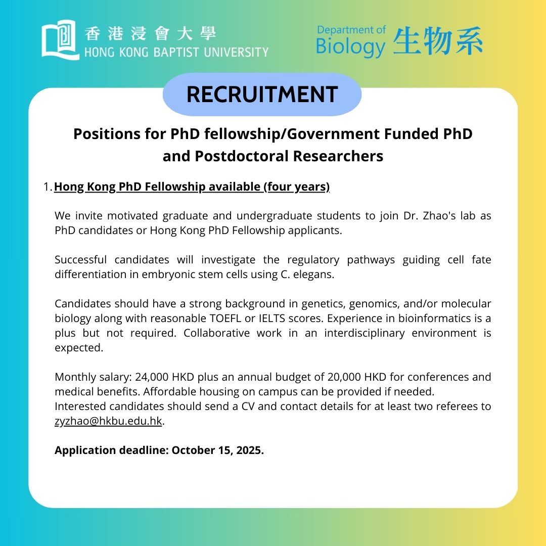 HKBU Biology PhD Recruitment! 
Prof Zhao Zhongying