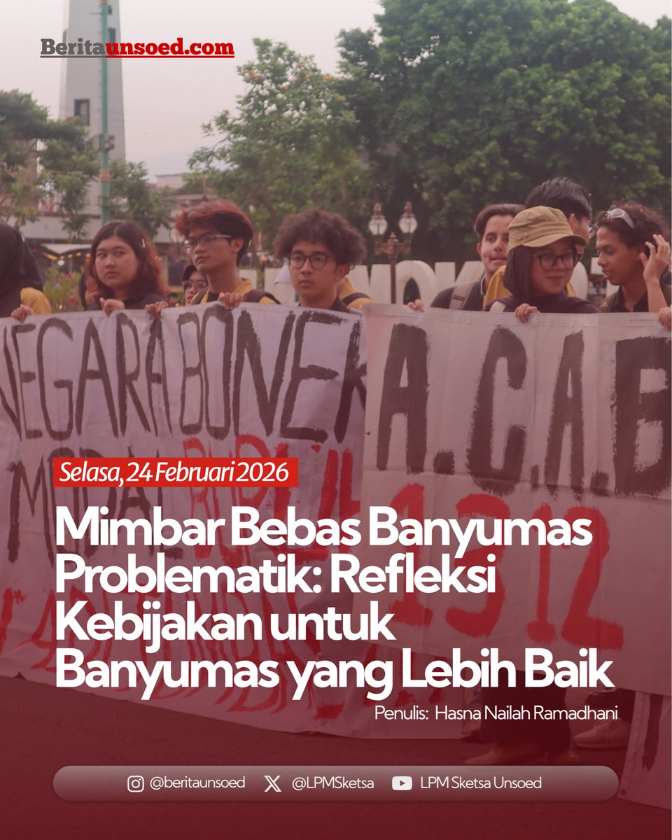 Sejumlah mahasiswa bersama elemen masyarakat Purwokerto mengadakan aksi Mimbar Bebas Banyumas Problematik pada Senin (23/2/2026) untuk menyuarakan keresahan dan aspirasi kepada para birokrat kabupaten Banyumas.

Baca selengkapnya di:
beritaunsoed.com/2026/02/24/mim…