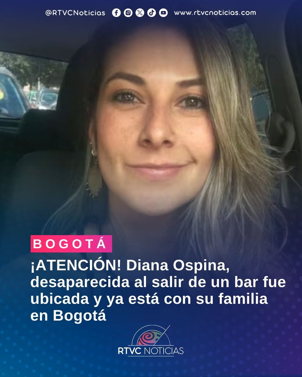 RTVCnoticias's tweet photo. #Bogotá | ¡ATENCIÓN! DIANA OSPINA YA ESTÁ CON SU FAMILIA CONFIRMAN AUTORIDADES | 🚨 Autoridades confirmaron que Diana Ospina llegó hace cerca de una hora al CAI Mirador, en Bogotá, y fue trasladada por la Policía Metropolitana para reencontrarse con sus familiares, luego de haber sido reportada como desaparecida tras salir de una discoteca en Chapinero.

La investigación para judicializar a los responsables del secuestro y hurto avanza, según las autoridades, que indicaron que se trabaja en la identificación y captura de los implicados. ⚖️

🔴Conéctate con nosotros 👉🏻 https://t.co/LuEiLPNUJp 📲