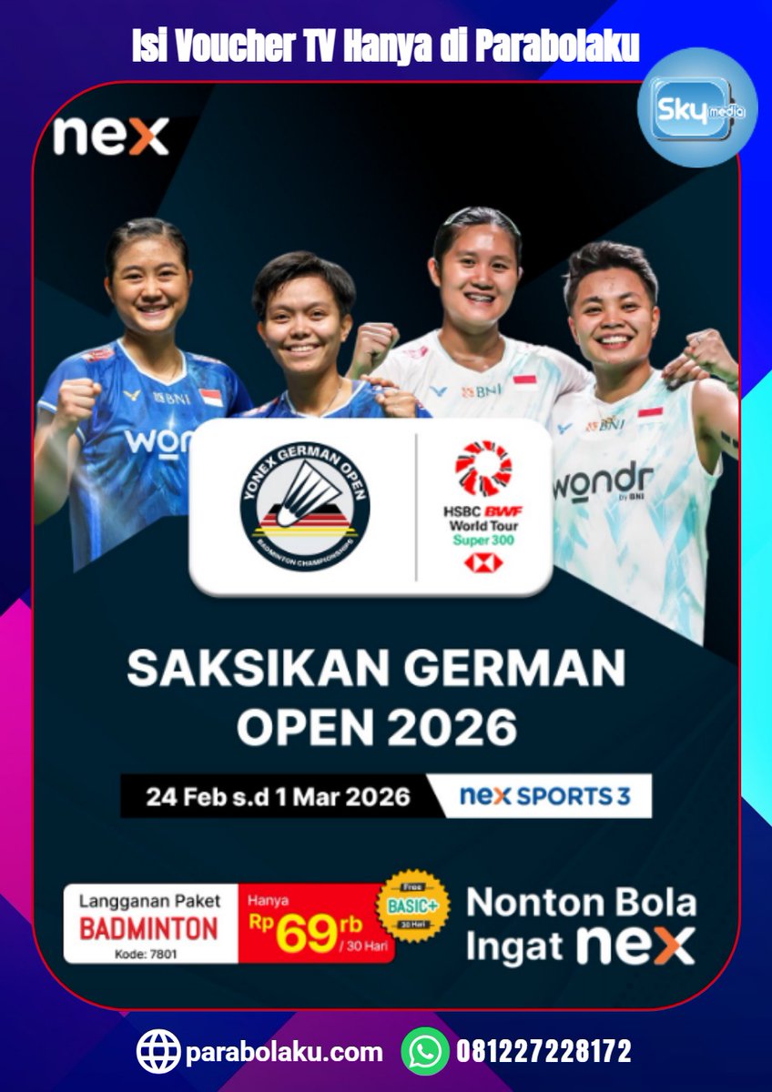 LIVE mulai hari ini, German Open 2026 siap bikin deg-degan!🏸. Isi paket di Parabolaku sekarang 🔥
Info &amp; order di :
🤖 WA AI Agent (Respon Instant) : wa.me/6287838575758
👩‍💼 WA CS &amp; Sales (Bantuan Manual) : wa.me/6281227228172
🌐 Kunjungi kami : parabolaku.com