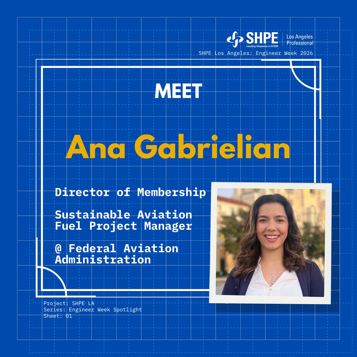 shpelosangeles's tweet photo. 🚀 Engineer Week Spotlight: Ana Gabrielian
Sustainable Aviation Fuel Project Manager at the Federal Aviation Administration and SHPE LA Director of Membership. 
“Success looks like my membership knowing me and feeling comfortable coming to me.”
#EngineerWeek #SHPELA #SHPE https://t.co/aw5NjVzb0k