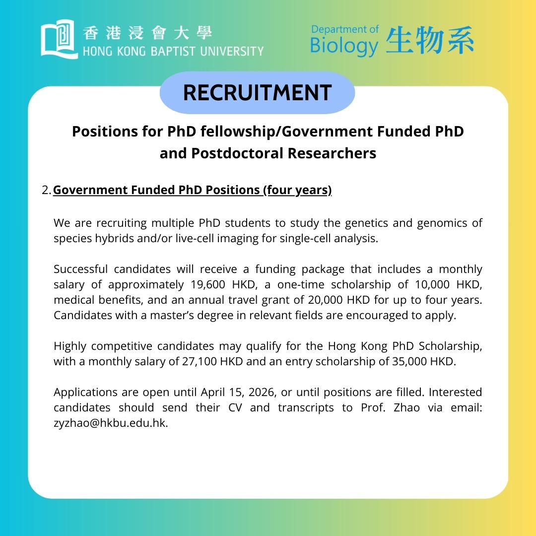 HKBU Biology PhD Recruitment! 
Government Funded PhD Position