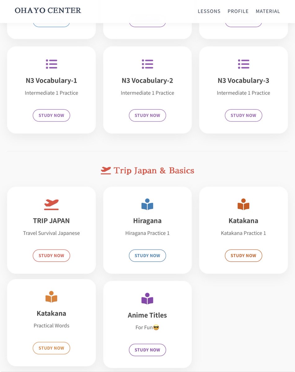 ohayo_center's tweet image. ホームページに作成したものをあげています。広告をつけていないので見やすいかと思います。我ながらレッスン後の夜中の時間を使ってコツコツとよく進めたなと思います🎉下にあるAnime Titleが私のお気に入りです。ohayocenter.com #nihongo #Japanese #jlpt #hiragana #katakana #日本語教師