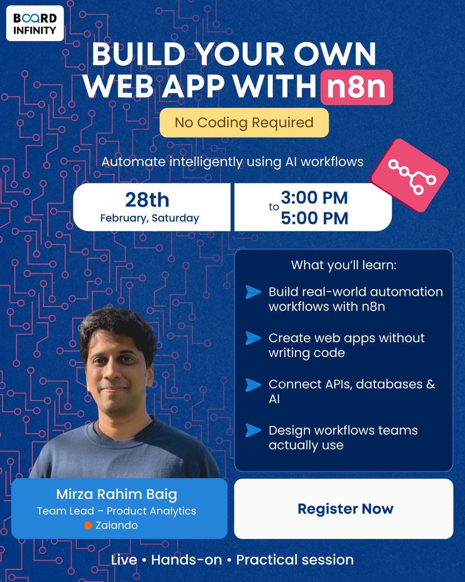 boardinfinity's tweet photo. 🚀Build your own web app with n8n - no coding needed.

Learn to create AI-powered workflows, connect APIs &amp; databases, and design automation that teams actually use.

 LIVE hands-on webinar
 28 Feb | 3–5 PM
🔗 https://t.co/VcEkZuTfOM

#AI https://t.co/NJ0UOMFDu7
