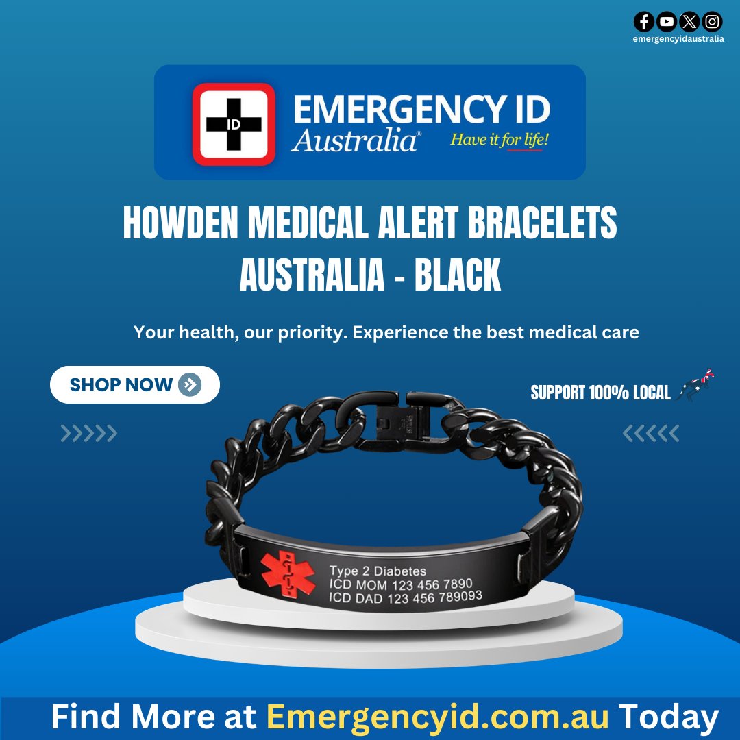 EmergencyIDAust's tweet image. Stay safe with a bold and practical design. The Howden Medical Alert Bracelet – Black from Emergency ID Australia offers reliable emergency identification with a comfortable, everyday fit.

emergencyid.com.au/shop/bracelets…

#howdenbracelet #medicalalert #emergencyid  #medicalbracelet
