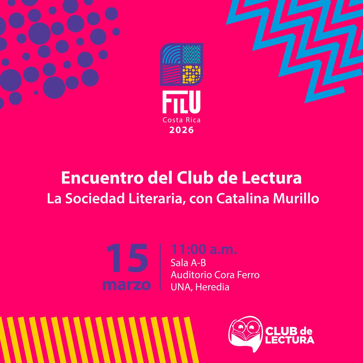 📖✨Nos encontraremos en espacios de diálogo y amor por los libros: 

🔹 Club de Lectura de Adultos Mayores con <a href="/OttoVargasM/">Otto Vargas Masís</a> 
🔹 Club del IIS (UCR) con Ana Cristina Rossi
🔹 Club de Lectores X Media Calle con Dorelia Barahona
🔹 La Sociedad Literaria con Catalina Murillo

#FilU