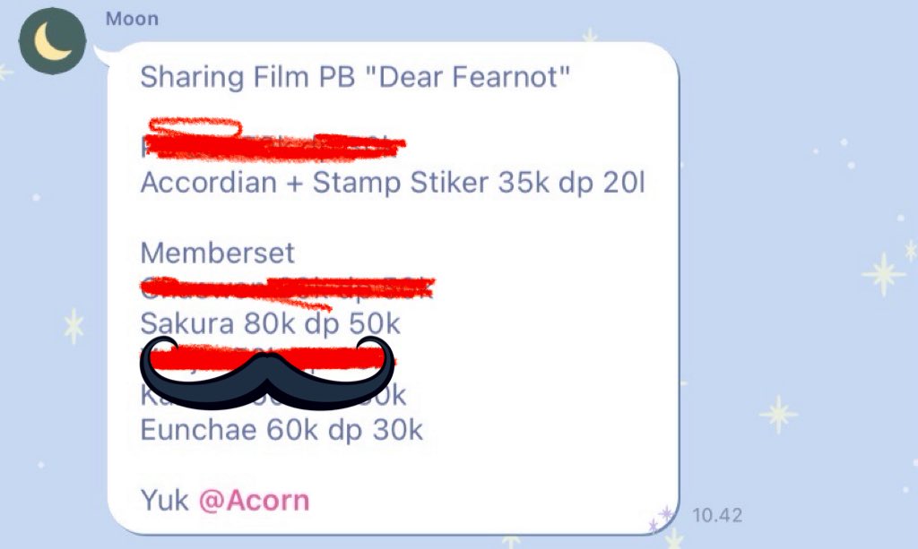 ada yang mau tidakkk moots?

sharing LE SSERAFIM FILM PB “Dear Fearnot”

avail :
Accordian + stamp sticker : 35k dp 20k

membset sisa
Sakura 80k dp 50k
Eunchae 60k dp 30k
