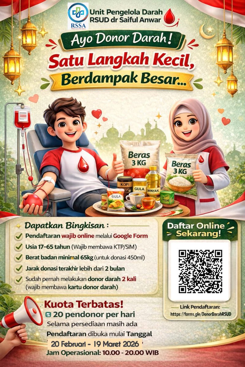 #INFO #DonorDarah #Malang | 20 Februari - 19 Maret 2026 | 10.00 - 20.00 | UPD RSUD dr. Saiful Anwar | Kuota 20 orang/hari Link Pendaftaran docs.google.com/forms/d/e/1FAI… | <a href="/infomalang/">Info Malang</a> <a href="/Malangraya_info/">Malang Raya Info</a> <a href="/eventmalang/">Event Malang</a> <a href="/EVENT_MALANG/">IG:  EVENT_MALANG</a> <a href="/kabarmalang/">Kabar Malang</a> <a href="/infomalangnet/">infomalangnet</a>