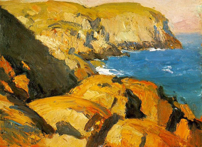 ホッパー、1910年代後半の風景画、Monheganのシリーズも凄いものがある。パリの風景画で見せていた筆致がそのまま岩石のボリュームへと応用される。