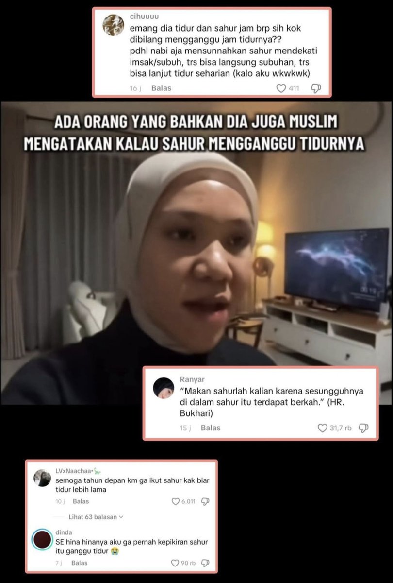 Saya sih ga setuju dengan yang dia bilang, perkara mengganggu jam tidur, padahal justru makan banyak dimalam hari lalu tidur itu ga bagus, sahur memang tidak untuk semua orang, sahur itu bagi orang muslim yang menjalanan ibadah puasa, sahur memang tidak wajib tapi sunnah yang