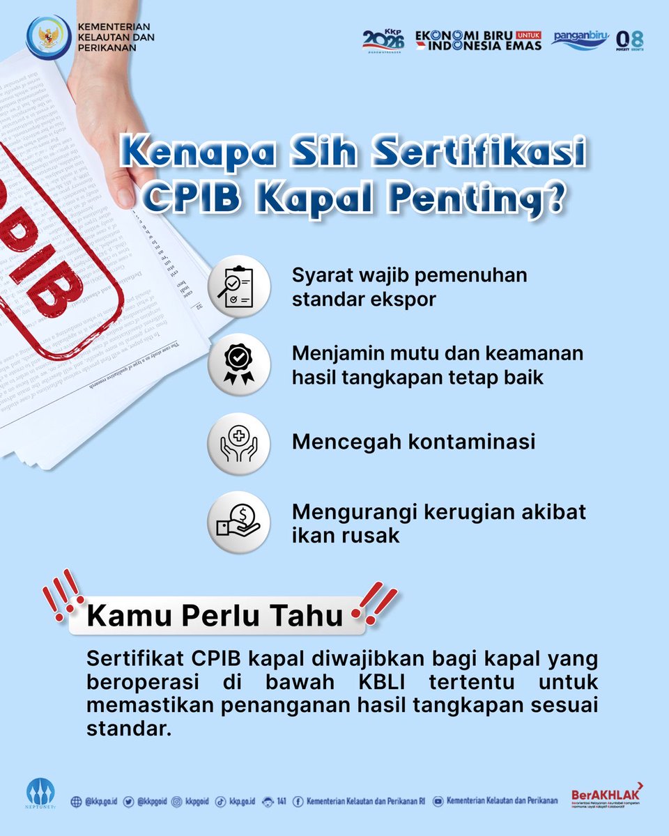 doantriharsono's tweet photo. CPIB Kapal untuk Hasil Tangkapan Ikan Yang Bermutu🐟
Sahabat Bahari, apakah kapal perikananmu sudah menerapkan CPIB kapal? CPIB kapal penting diterapkan untuk kapal penangkap atau pengangkut ikan, agar hasil tangkapan perikanan tetap terjaga kesegarannya dan tentunya tetap aman. https://t.co/1DFCUMP0UM