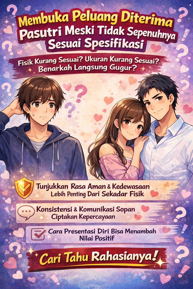 AdonisCordis's tweet photo. Ketika Calon Partner Tidak Sepenuhnya Sesuai Spesifikasi yg Pasutri inginkan.
Bagaimana Agar Bisa Dipertimbangkan oleh Pasutri untuk di terima?

Prinsip Utama (Ini Kuncinya)
Kamu tdk perlu “mengalahkan” spesifikasi fisik.
Yg perlu Kamu lakukan adlh menggantinya dgn rasa aman, dewasa dan relevan

Pasutri lebih takut salah pilih orang drpd salah pilih fisik

1. Pahami Fungsi Spesifikasi Fisik

Spesifikasi fisik berfungsi sbg filter cepat dan alat efisiensi. Bukan suatu kontrak mutlak, yg artinya, jika
✅melenceng sedikit ada kemungkinan masih bisa lolos
✅melenceng jauh + sikap biasa saja, kemungkinan besar gugur
✅melenceng sedikit + sikap unggul, ada kemungkinan bisa lanjut

Jadi targetmu bukan “sempurna”, tapi “cukup + unggul di aspek lain”

2. Menang dgn Cara Bicara & Sikap (Ini Paling Kuat)

Partner yg “menang” biasanya mereka yg
✅tdk defensif soal fisik
✅tdk mencoba menutupi atau membuktikan berlebihan
✅nyaman dgn dirinya sendiri

❌ Cara yg Salah
“Sebenarnya ukuran itu nggak penting! Kalau soal fisik bisa aku buktikan nanti. Memang aku nggak sesuai spesifikasi sih, tp skill ku jago, di jamin istrimu pasti puas”

✅ Cara yg Benar
“Aku paham preferensi kalian. Kalau berkenan, aku terbuka utk saling kenal dulu dgn ritme yg nyaman utk kalian” dan kalaupun akhirnya kalian tdk berkenan, aku siap menerima keputusan kalian

Nada ini menunjukkan
✔️self-awareness
✔️tdk memaksa
✔️percaya diri yg tenang

👉 Kepercayaan diri tanpa pamer jauh lebih menarik drpd fisik yg dipaksakan

3. Gantikan “Kurang Spesifikasi” dgn “Plus Nilai”

Kalau fisikmu tdk 100% sesuai, kamu harus unggul di salah satu aspek ini
👉komunikasi rapi & konsisten
👉kesabaran tinggi
👉paham dinamika pasutri
👉Tunjukkan respect yg tinggi
👉tdk haus validasi
👉tahu kapan mundur

Banyak pasutri akhirnya memilih
“Yg ini bikin kami tenang”
Dan rasa tenang mengalahkan detail fisik

4. Jangan Pernah Menyerang atau Mengecilkan Spesifikasi Mereka

Kesalahan fatal
✅“Sebenernya ukuran nggak penting.”
✅“Good looking itu relatif.”
✅��Yg penting skill.”
Ini dibaca sbg
👉tdk menghargai preferensi
👉defensif
👉manipulatif halus
Yg benar
✅akui preferensi
✅tdk memperdebatkannya
✅tawarkan diri tanpa tuntutan

5. Timing & Kesabaran = Senjata Diam-Diam

Calon Partner yg tdk buru-buru,
tdk memaksa, tdk ngejar validasi cepat.. sering bisa naik nilainya seiring waktu

Kenapa?
👉pasutri melihat konsistensi
👉merasa aman
👉menilai ulang preferensi awal

Banyak kasus terjadi
“Awalnya ragu, tp makin ngobrol kok nyaman”

6. Terima Jika Tetap Tidak Dipilih (Ini Justru Nilai Plus)

Partner yg dewasa
✔️menerima penolakan dgn tenang
✔️tdk menyindir
✔️tdk ngambek
✔️tdk memaksa alasan dan kehendak

Lucunya
👉sikap ini sering bikin pasutri mengingat kamu
👉membuka peluang di waktu lain

Kesimpulan
✅Spesifikasi fisik berpengaruh di awal, tapi bisa jadi fleksibel
✅Sikap dewasa bisa “menggantikan” kekurangan spesifikasi
✅Jangan defensif, jangan merendahkan preferensi pasutri
✅Jadilah aman + nyaman, bukan mengesankan
✅Kesabaran sering mengalahkan fisik

Penutup (Mentalitas yg Menang)

Ada kalanya Pasutri tdk memilih siapa yg paling mendekati spesifikasi. Mereka memilih siapa yg paling kecil risikonya utk disesali
