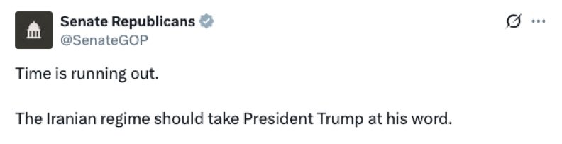 پیام جمهوری‌خواهان سنا به ایران 

زمان در حال اتمام است.

رژیم ایران باید حرف رئیس‌جمهور ترامپ را جدی بگیرد.