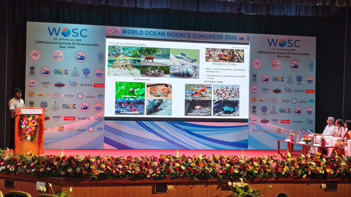 wii_india's tweet photo. #WII at the World Ocean Science Congress! A talk based on the Msc dissertation study at #WII by Perarivalan delved into the ecological aspects of unique canopy gaps of #Andaman #mangroves.
#WOSC2026 #NIO_Goa #conference
@moefcc @CSIRNIOGoa @SACONCoimbatore @GobindsagarBha1 @nehrutp @The__Peru @AnoopRajSingh23 @MayurFulmali1
