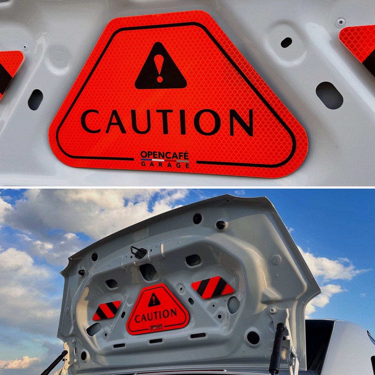 OPENCAFEGARAGE 反射コーションプレートがユーザーさんのお手許に届き始めていて嬉しいです。

デュアルロックファスナーの最初の貼付けに逡巡されている場合があろうかと思いますが、一度しっかり圧着した後、プレートは脱着可能です。貼り戻す際に改めて微妙な位置調整が出来ます！　#ロードスター