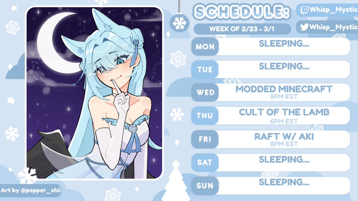 {SCHEDULE FOR 2/23 - 3/1}

Jumping back into this week with Mystical Mayhem! And later this week we are gonna be having a Raft collab with Akiyo Kumi!

art by @/pepper_chii