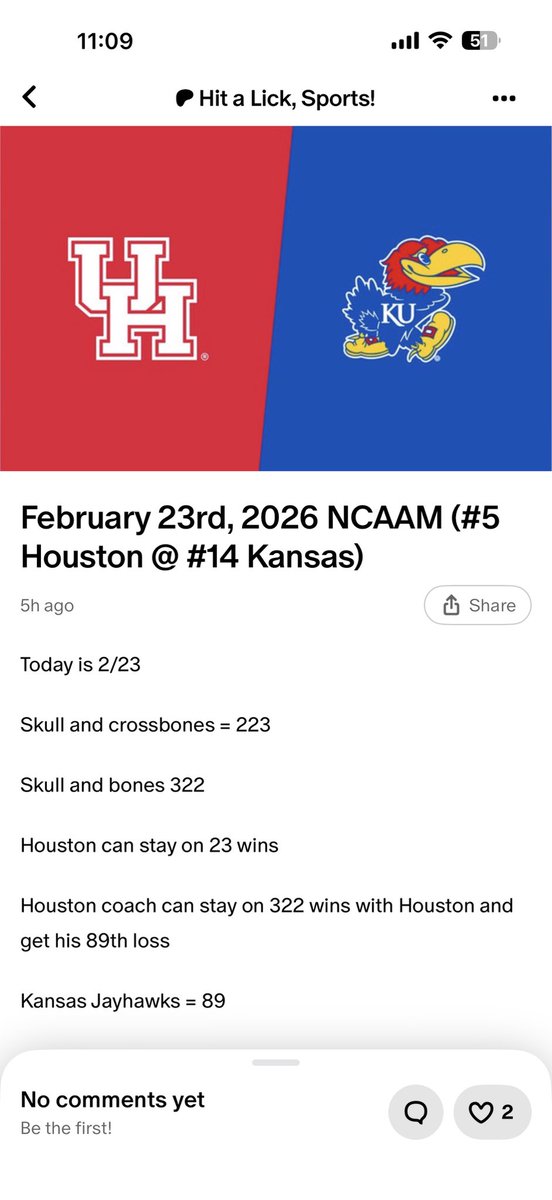 HitaLickPicks's tweet photo. Kansas Jayhawks +1.5 💰✅🔥
On fire over on the Patreon! Link in bio to join that or the Winible!
#Gematria #Numerology #NCAAPicks #NCAABasketballPicks #Jayhawks
Today is 2/23
Skull and crossbones = 223
Skull and bones 322
Houston stays on 23 wins
Houston coach stays on 322 wins with Houston and gets his 89th loss
Kansas Jayhawks = 89
Houston stays on 11 conference wins
Kansas = 11