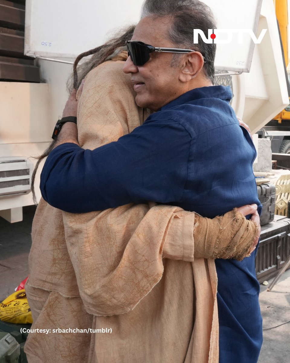 ndtv's tweet photo. #InPics | Amitabh Bachchan meets Kamal Haasan as they begin 'Kalki 2' shoot, shares BTS photos https://t.co/efPaV6TpZz