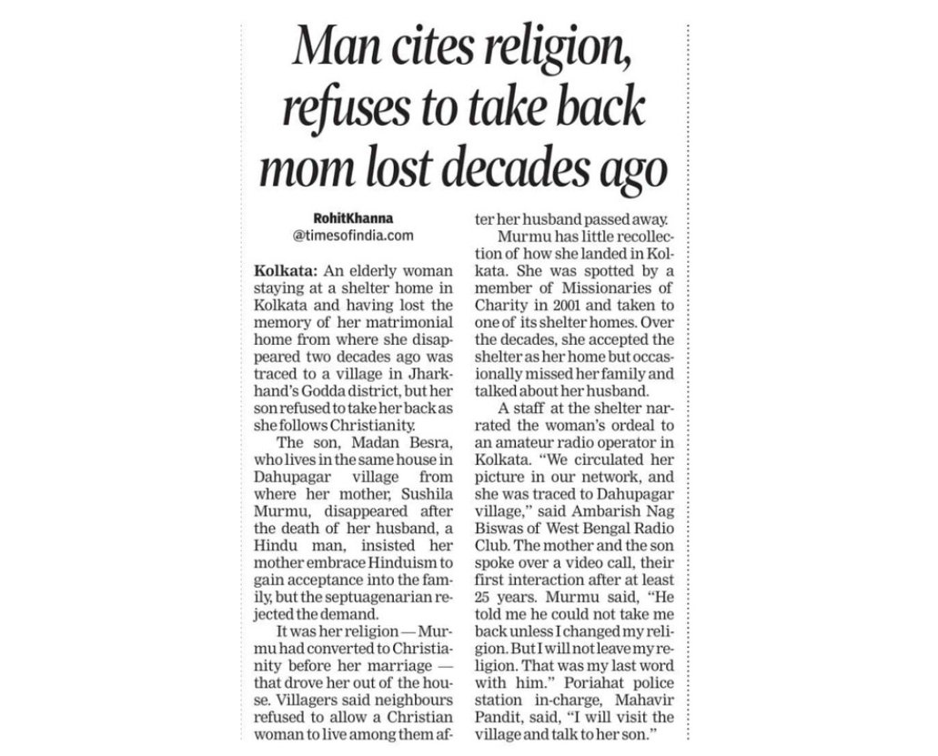 Benarasiyaa's tweet photo. An elderly woman staying at a shelter home in Kolkata and having lost the memory of her matrimonial home from where she disappeared two decates ago was traced to a village in Jharkhand's Godda district, but her son refused to take her back as she follows Christianity. https://t.co/wC8E9vV1Hy