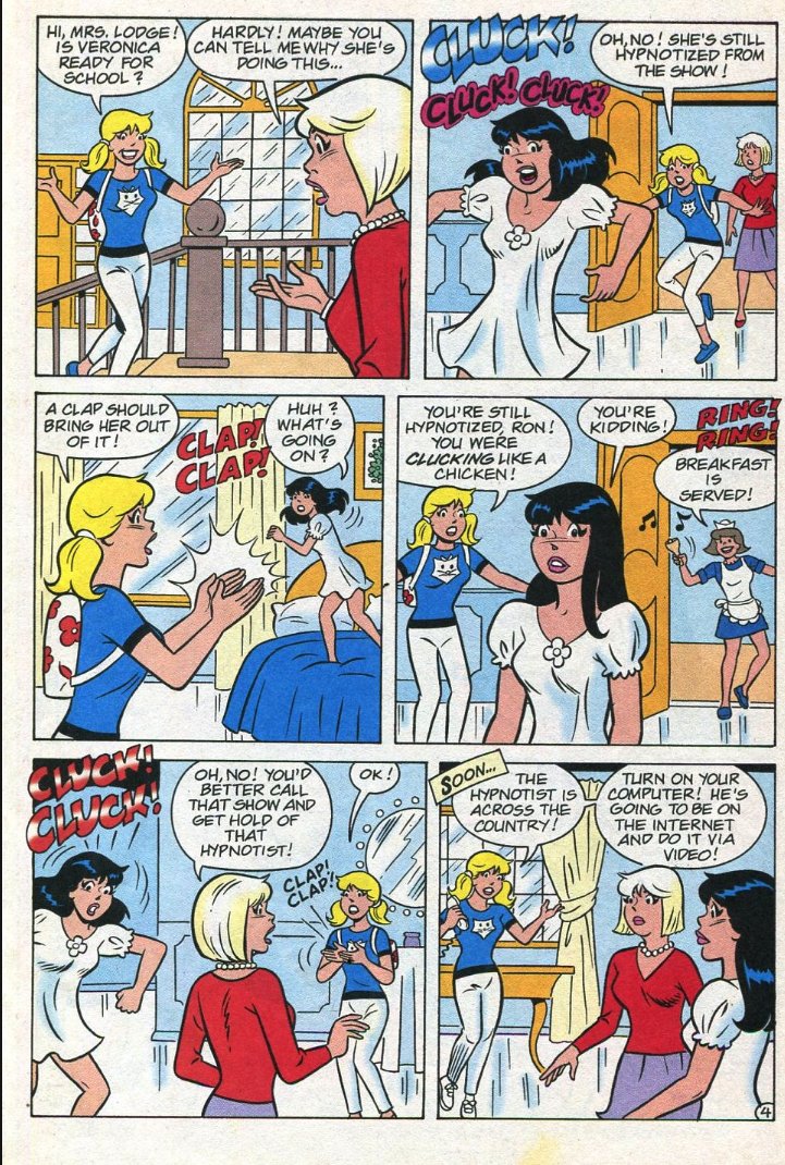 From "Betty &amp; Veronica"

The Girls went to a Hypnosis Show where the hypnotist made them do a Silly Dance, but even after the show they are still hypnotized and do the silly dance each time they hear the trigger a "ring".